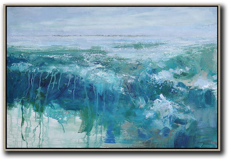 Large Contemporary Art Acrylic Painting,Horizontal Abstract Landscape Oil Painting On Canvas,Large Contemporary Art Canvas Painting,Blue,Grey,Green.etc